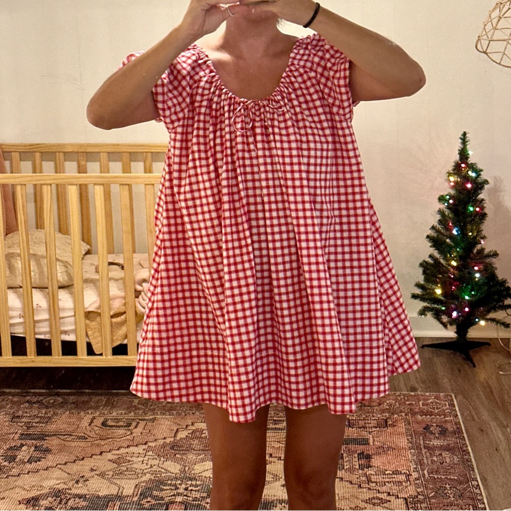 Everyday Drawcord Dress in Red Checker